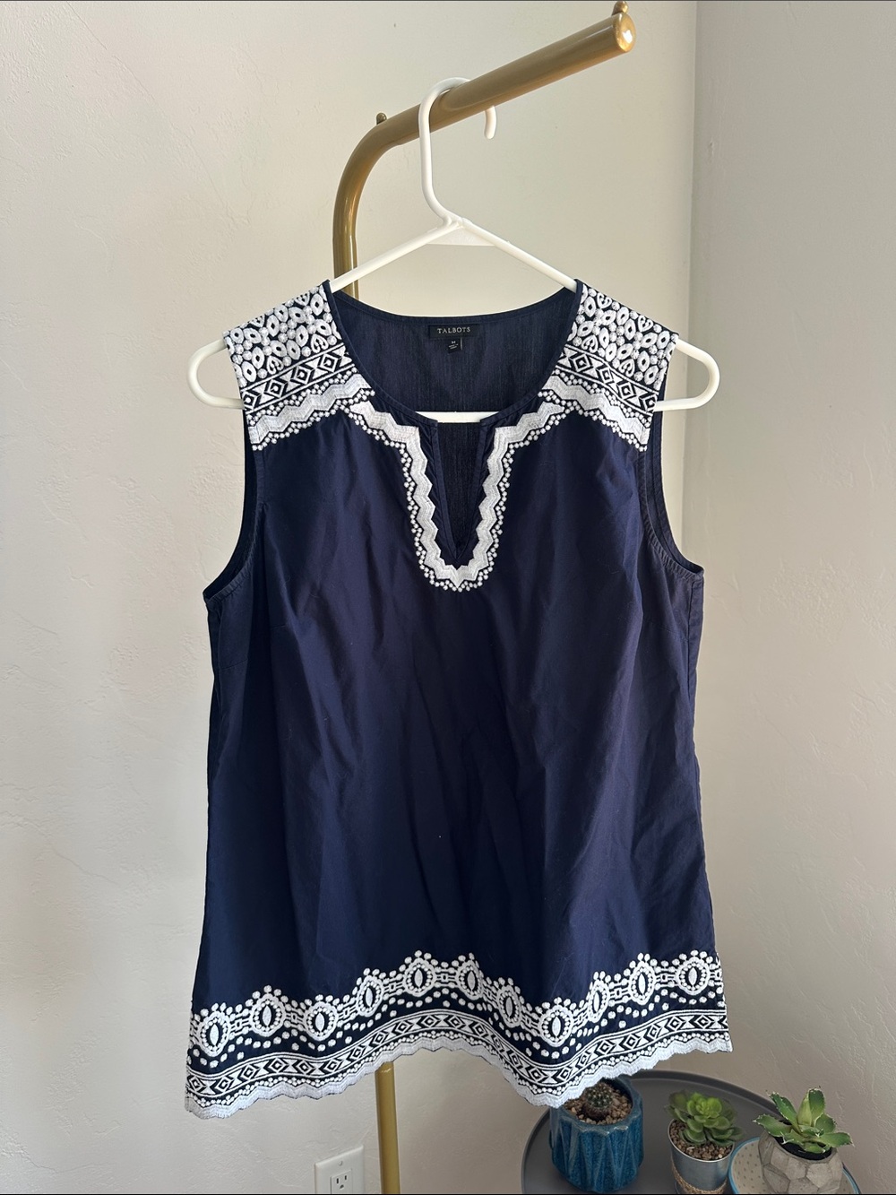 Talbots Navy Sleeveless Embroidered Split-Neck Blouse
